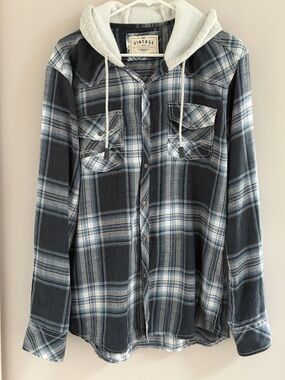 BKE Vintage Hooded Flannel Shirt Jacket Plaid Gray Blue Men’s Large